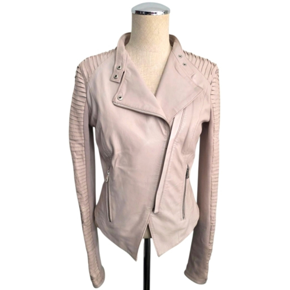 Lamarque Jackets & Blazers - Lamarque Pink Leather Jacket Asymmetrical Zipper Fitted Sz XS